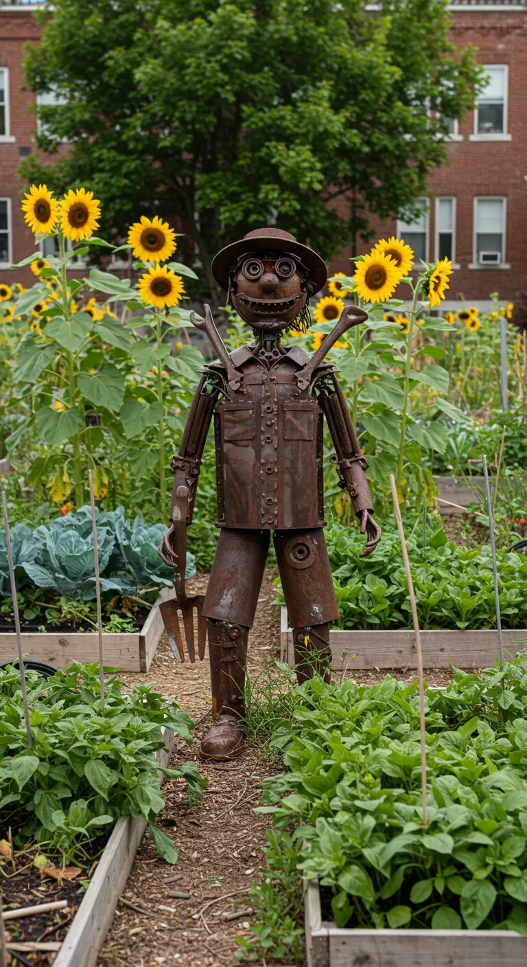 Een vogelverschrikker gemaakt van metaal en oud gereedschap in een moestuin met zonnebloemen.