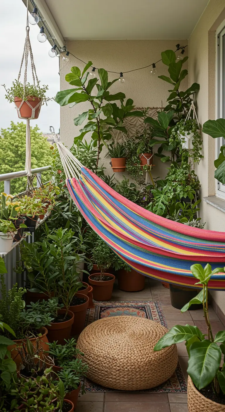 Balkon vol planten met een kleurrijke gestreepte hangmat en een geweven poef.