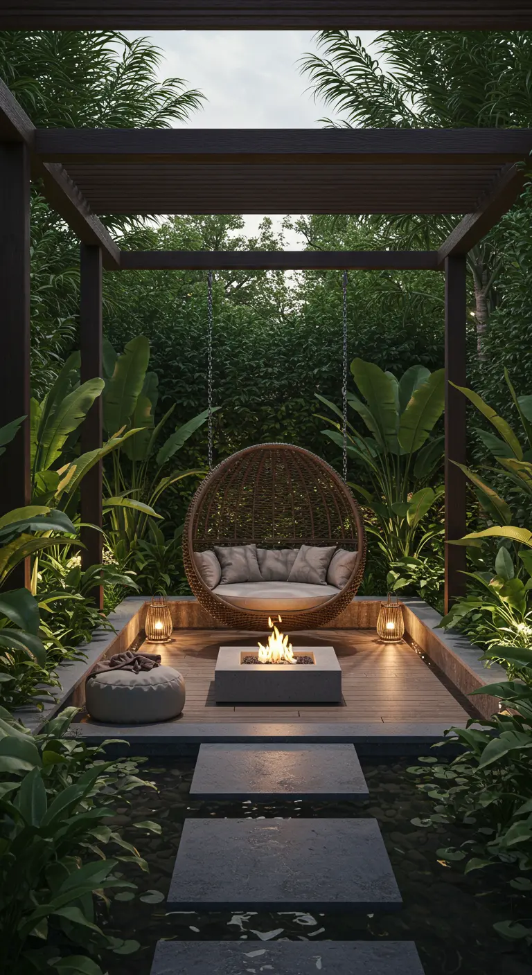 Ronde rotan hangstoel onder pergola, gericht op een moderne vuurplaats en omgeven door groen.