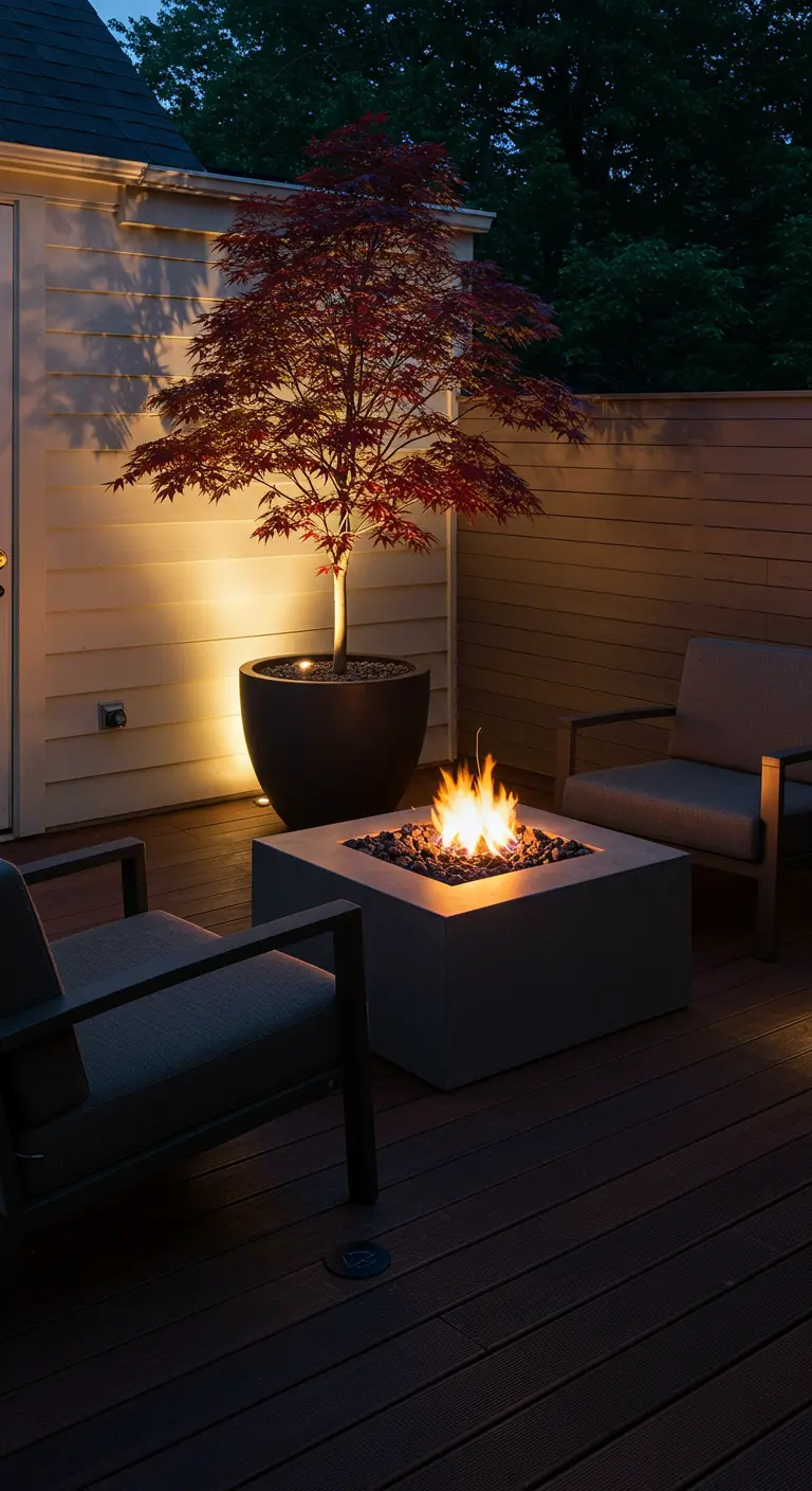 Modern terras met een vierkante vuurplaats, comfortabele stoelen en een uitgelichte Japanse esdoorn.