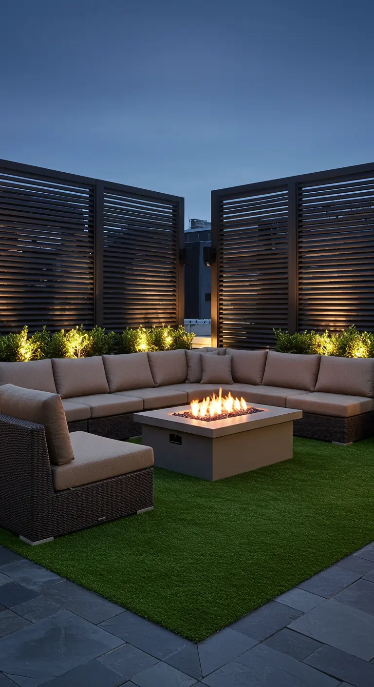 Luxe dakterras met een grote hoekbank rond een vuurtafel op kunstgras.
