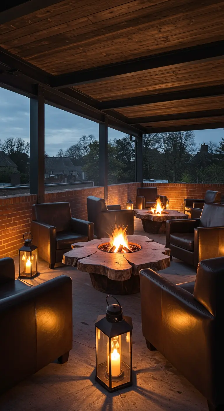 Overdekt terras met comfortabele leren stoelen rond een grote, brandende vuurtafel van hout.
