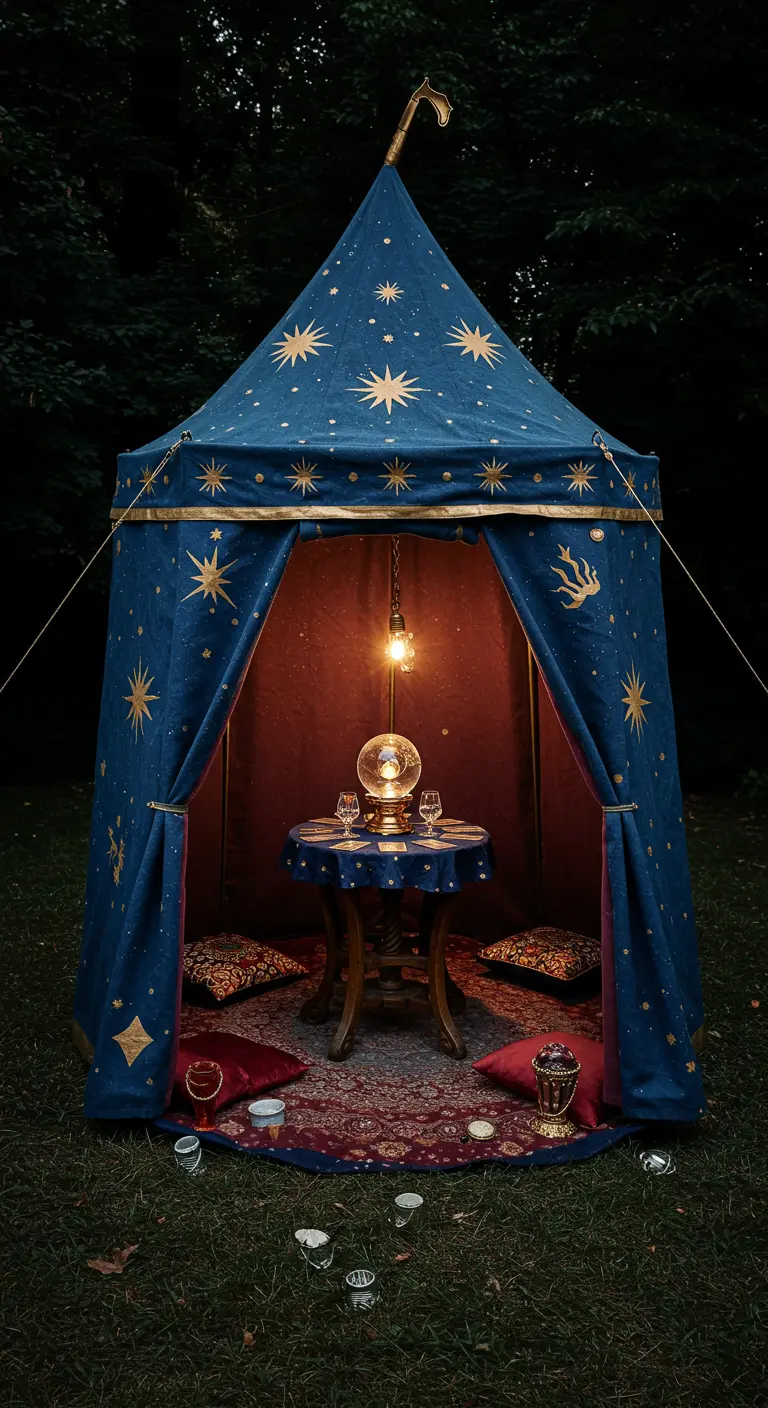 Kleine, donkerblauwe tent met gouden sterren, ingericht als waarzegsterstent met een kristallen bol.
