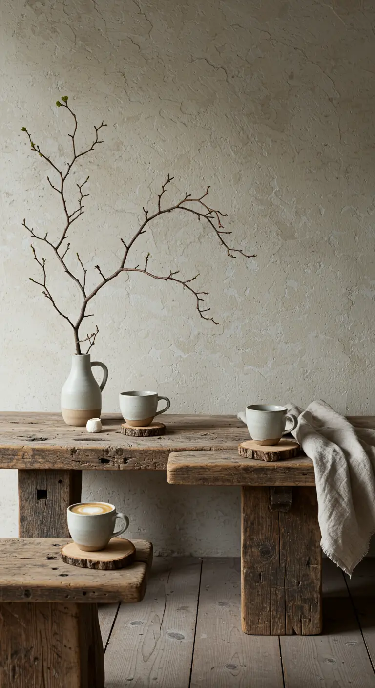 Minimalistische setting met een ruwe houten bank, handgemaakte keramische kopjes en een tak.