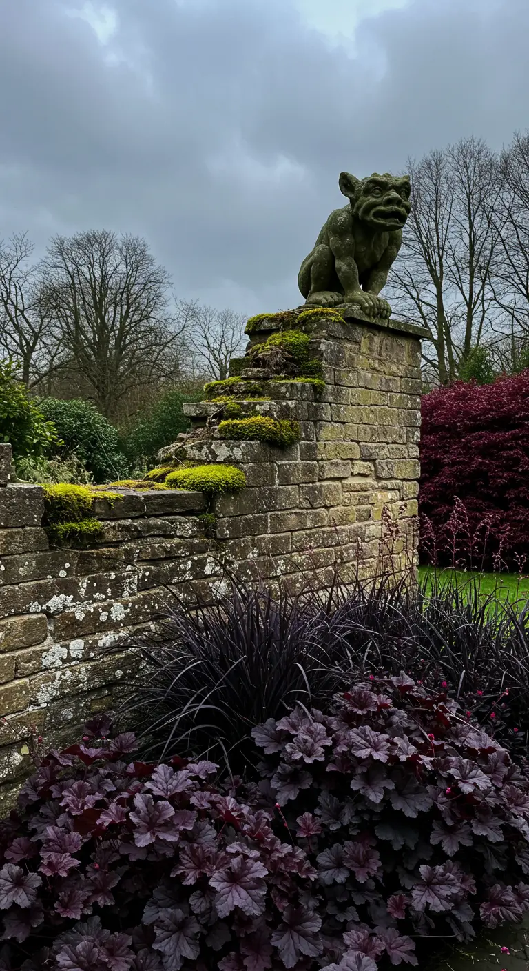 Stenen waterspuwer (gargoyle) op een oude, met mos begroeide muur.