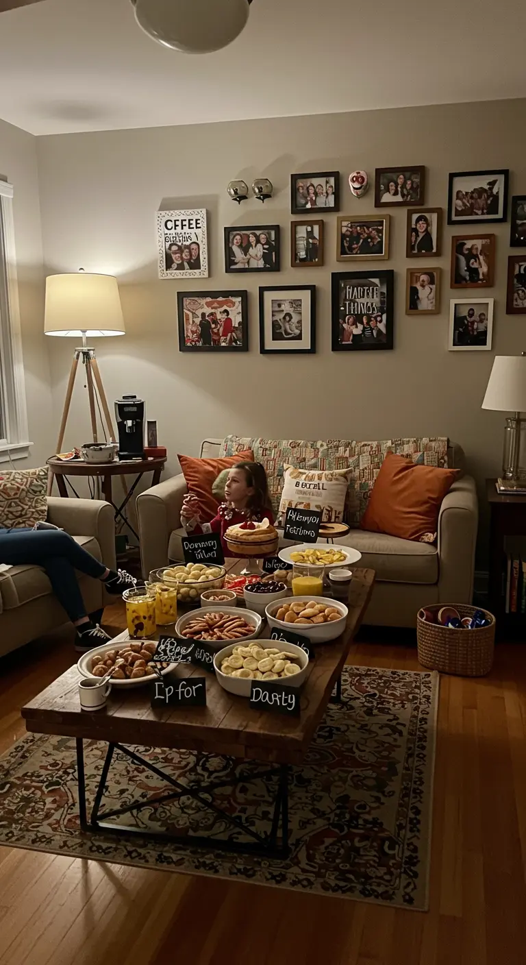 Woonkamer met een galerijwand vol familiefoto's boven de bank, tijdens een huiselijk feestje.