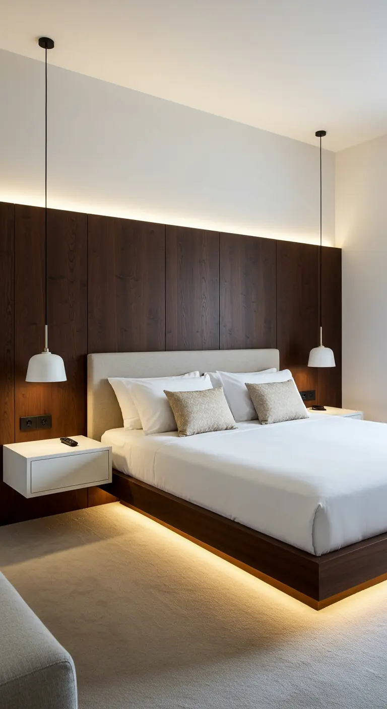 Slaapkamer met een donkerhouten wandpaneel, geïntegreerde verlichting en zwevende nachtkastjes.