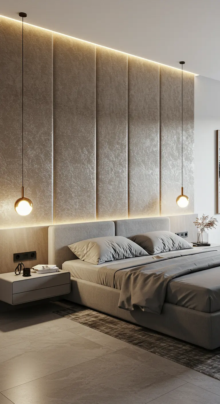 Moderne slaapkamer met een muurbrede, gestoffeerde wand in beige als hoofdbord, met indirecte LED-verlichting.