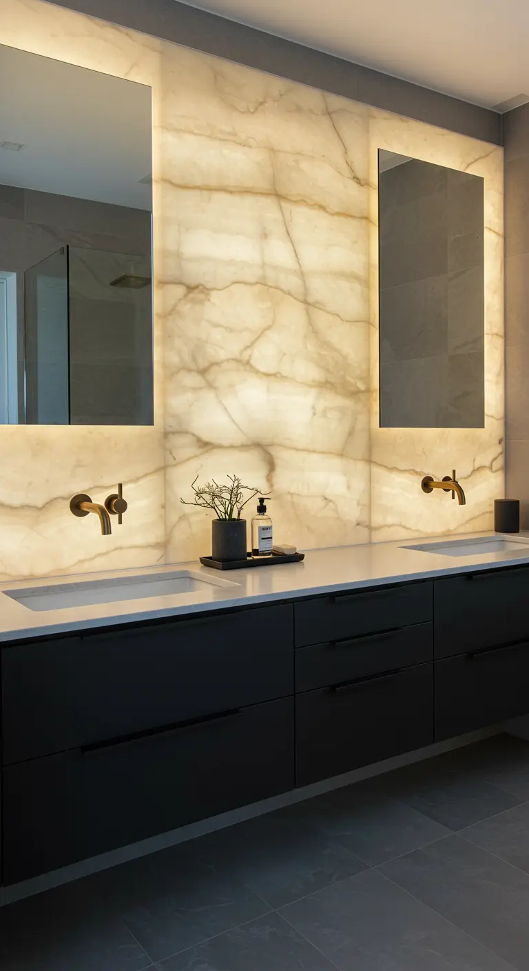 Luxe badkamer met een volledig verlichte wand van onyx, een zwart meubel en messing kranen.