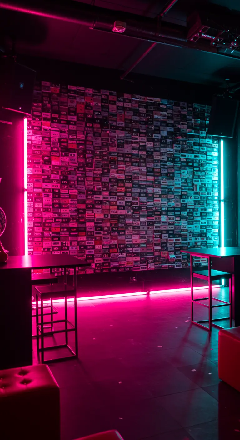 Muur volledig bedekt met cassettebandjes, aan de zijkanten verlicht met roze en blauwe neonbuizen.