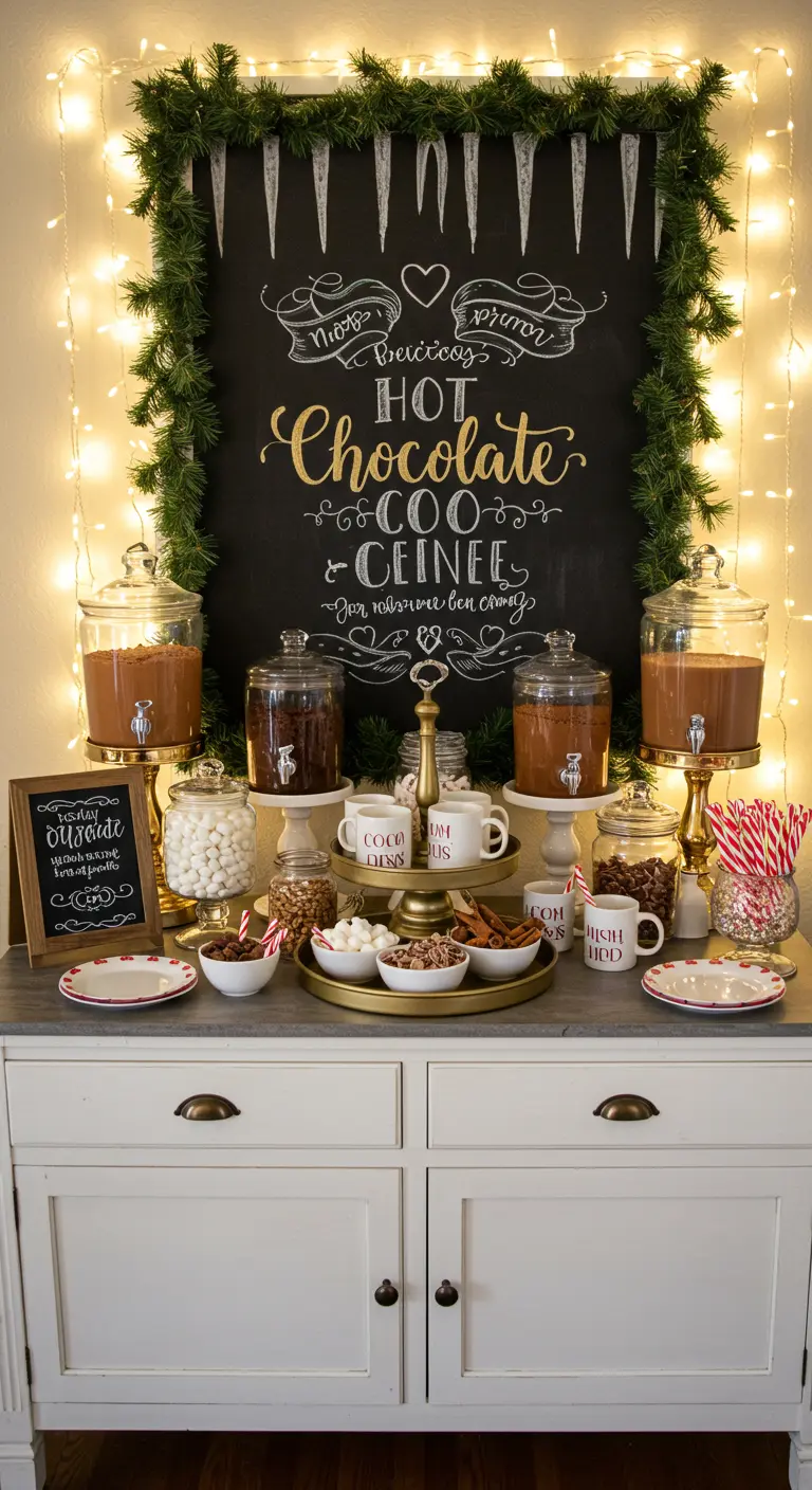 Buffet met dispensers voor warme chocolademelk en schaaltjes met toppings voor een krijtbord.