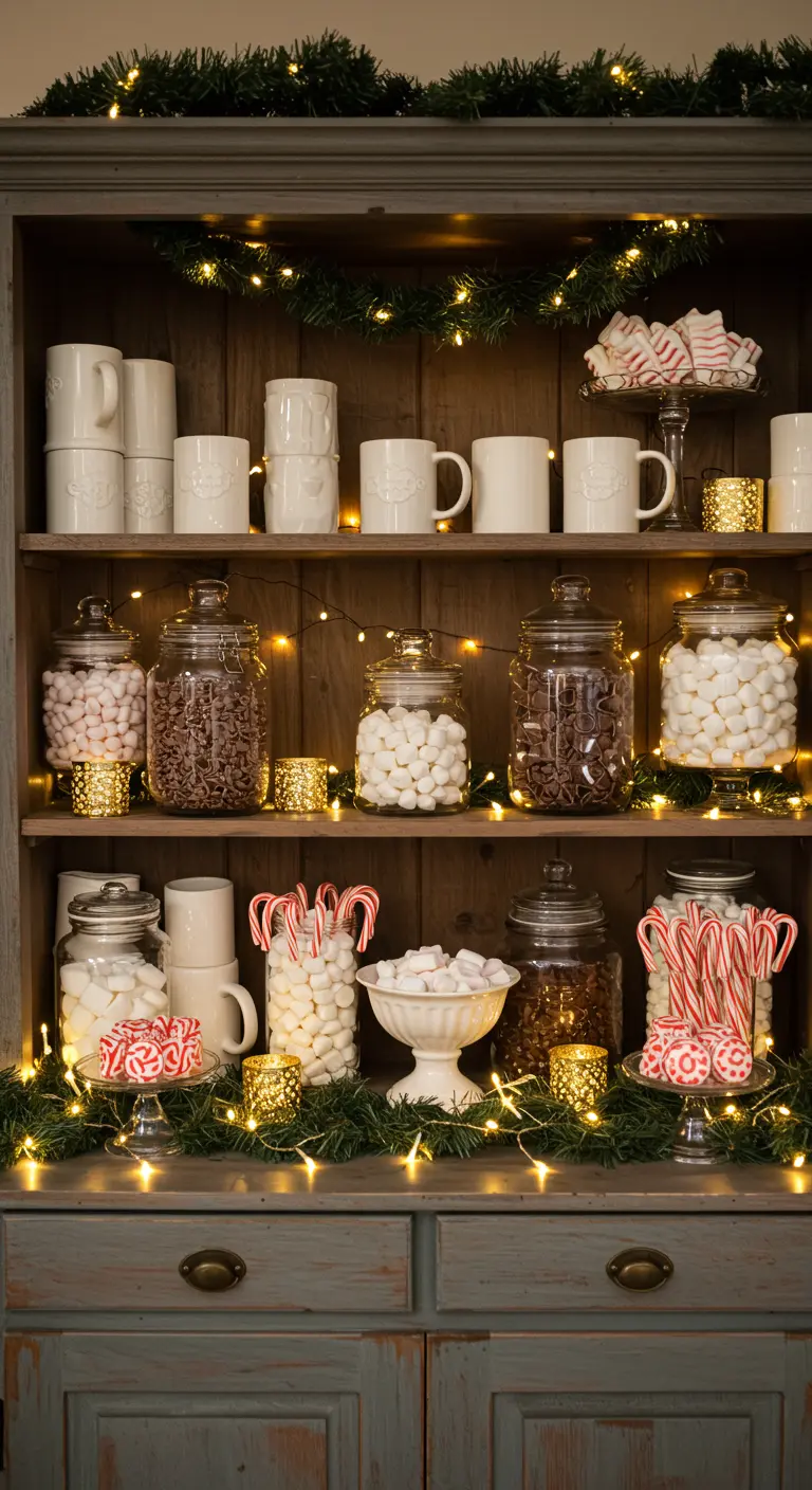 Houten kast met planken vol potten snoepgoed, versierd met dennentakken en lichtjes.