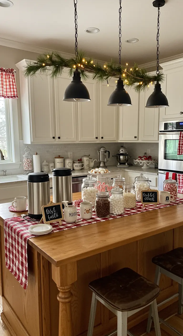 Houten keukeneiland met een warme chocolademelkbar met toppings.