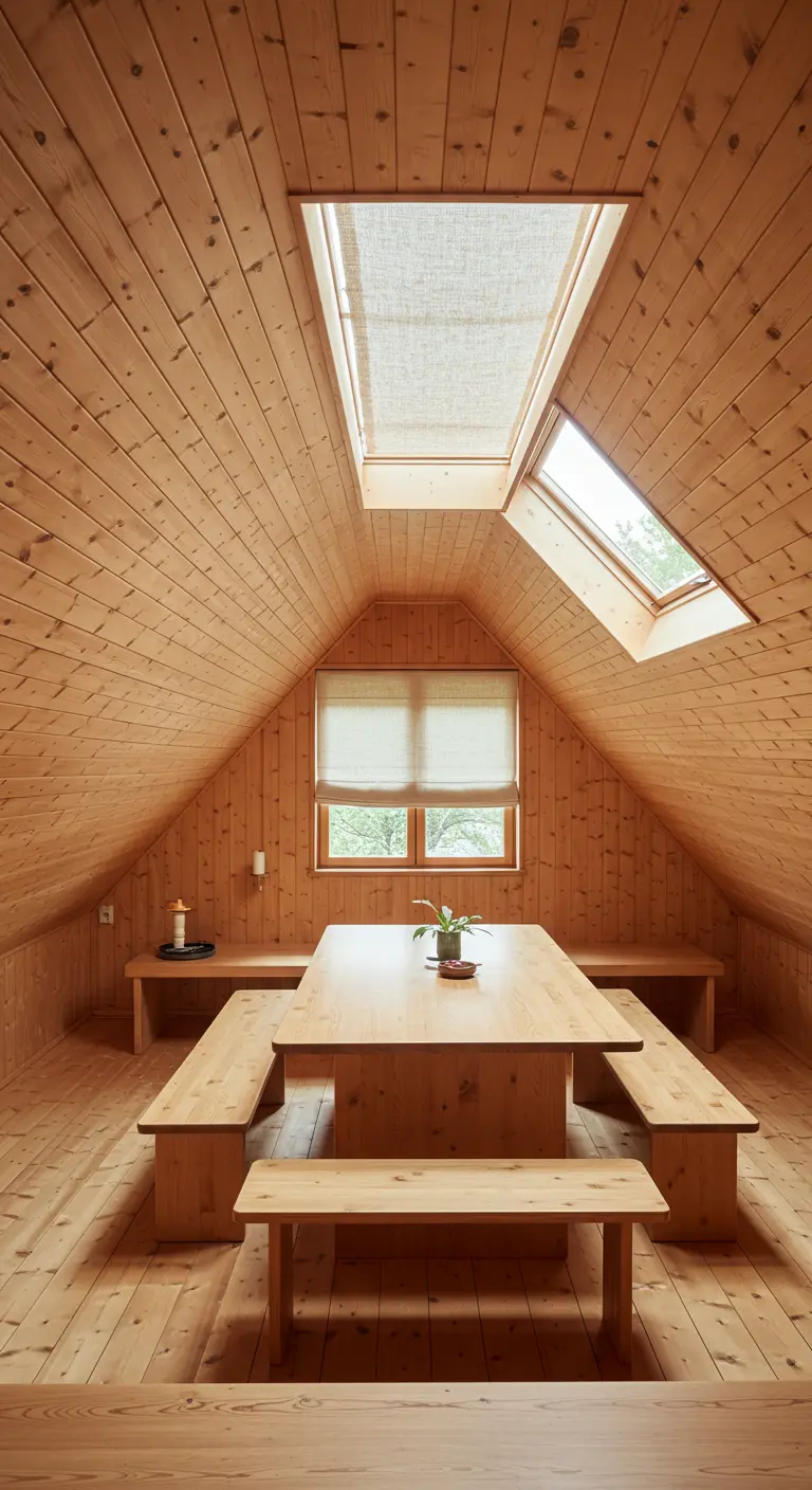 Zolder eetkamer volledig bekleed met licht hout, met ingebouwde banken.
