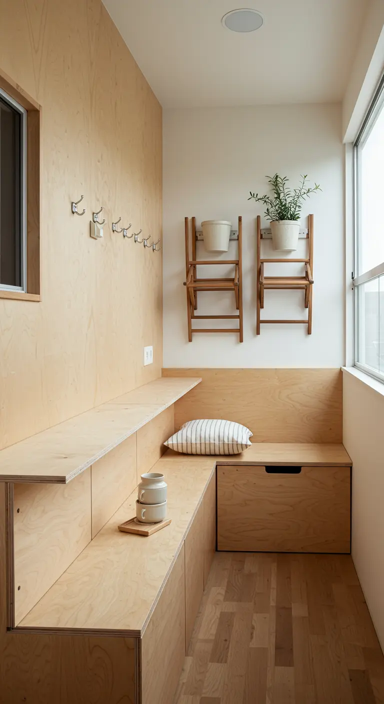 Inpandig balkon volledig bekleed met licht multiplex, inclusief bank en opbergruimte.