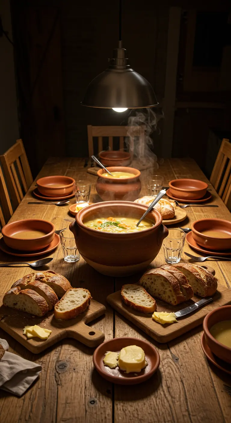 Houten tafel met een grote pan soep, aardewerken kommen en vers brood.