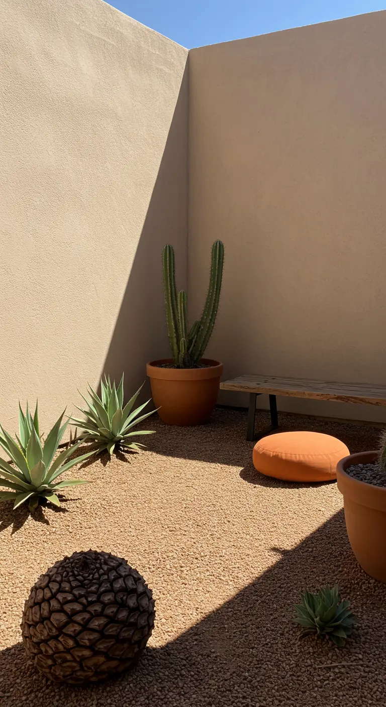 Patio in woestijnstijl met grind, cactussen, een houten bankje en een oranje kussen.
