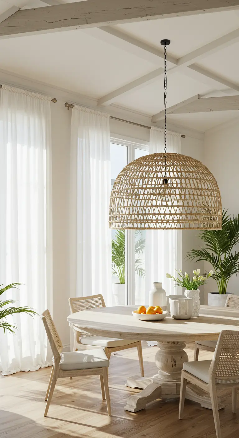 Lichte eetkamer met een grote, geweven rotan lampenkap boven een witte houten tafel.