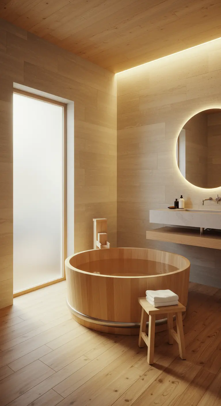 Rond houten bad in een badkamer met lichte houttinten en indirecte verlichting.
