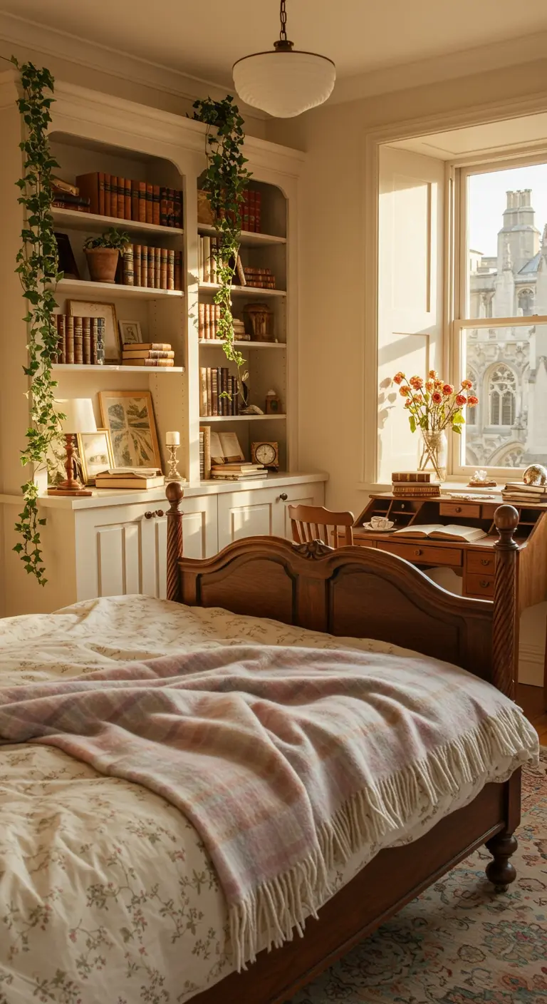 Sfeervolle slaapkamer met een grote ingebouwde boekenkast, klimplanten en warm avondlicht.