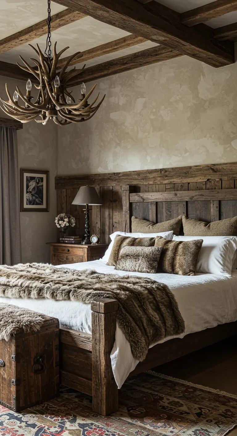 Rustieke slaapkamer in lodge-stijl met houten bed en balken.