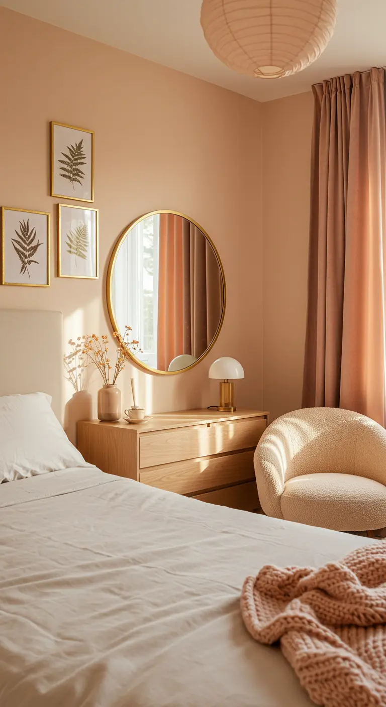 Zachte slaapkamer met perzikkleurige muren, roze gordijnen en een ronde gouden spiegel.
