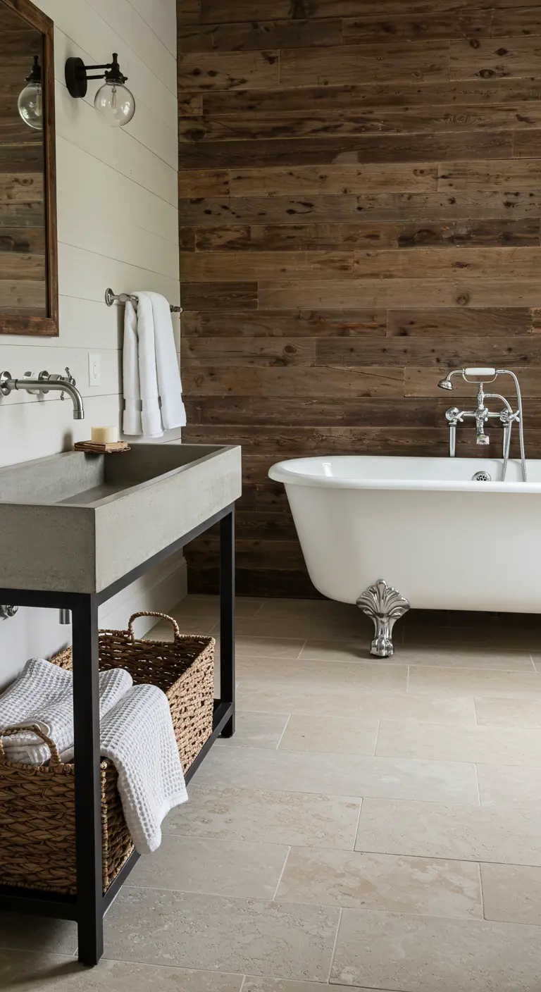 Badkamer met een accentmuur van verweerd hout, een betonnen wasbak en een wit bad op pootjes.
