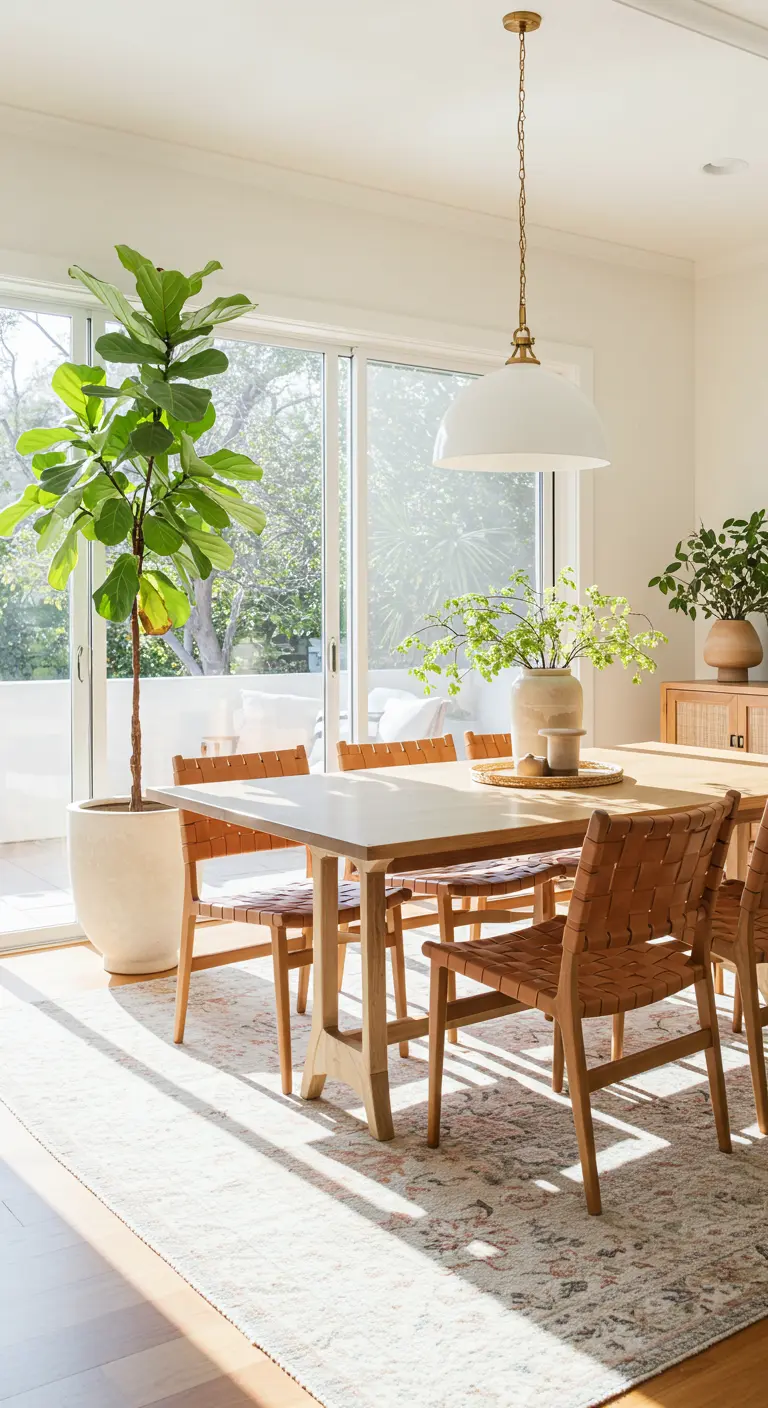 Lichte eetkamer met houten tafel en stoelen met een zitting van geweven leer.