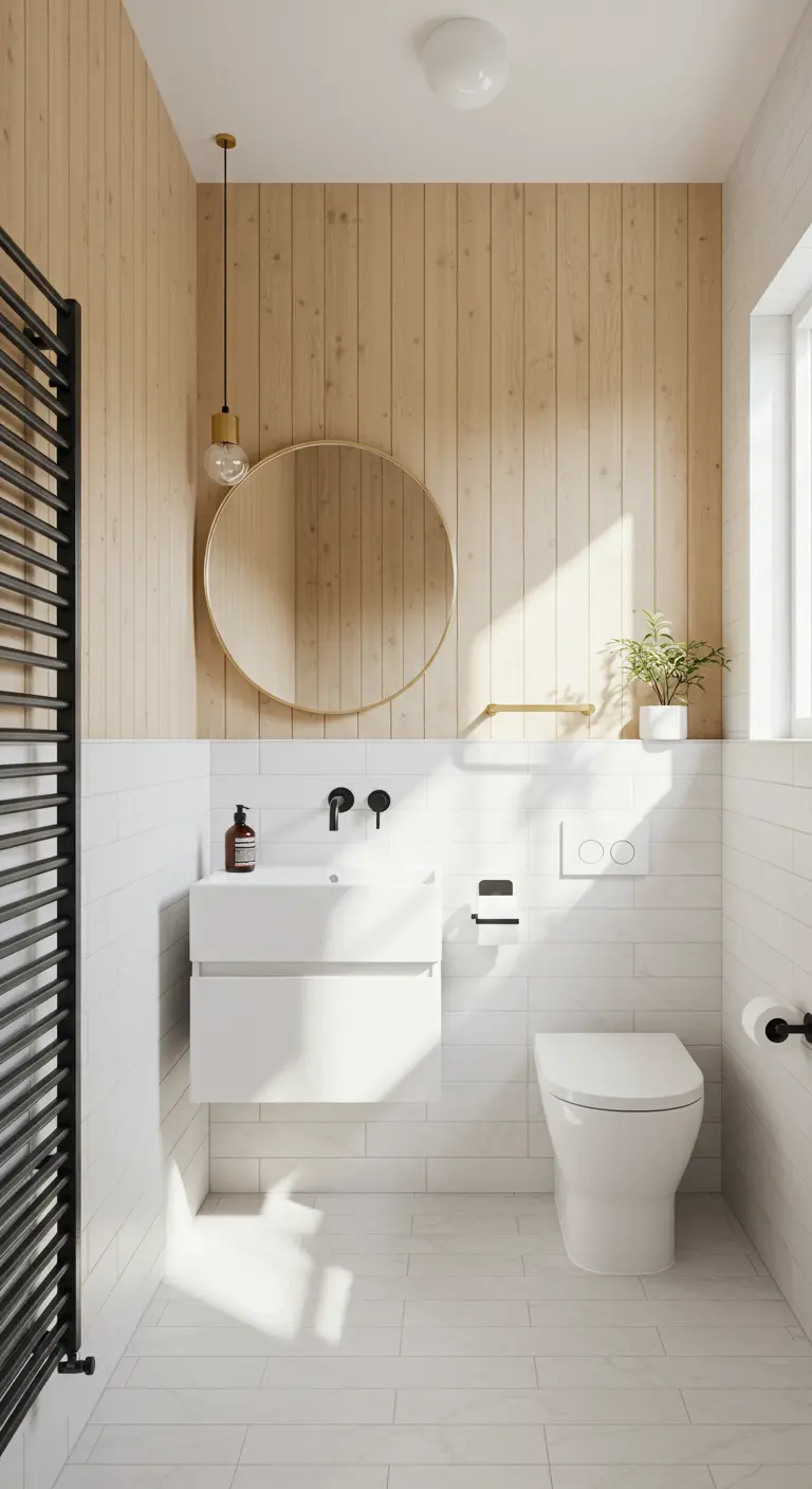 Compacte badkamer met houten wandpanelen boven witte tegels, en zwarte en messing accenten.