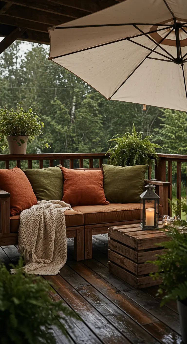 Houten balkonbank met terracotta en groene kussens, beschermd door een grote parasol tijdens een regenbui.