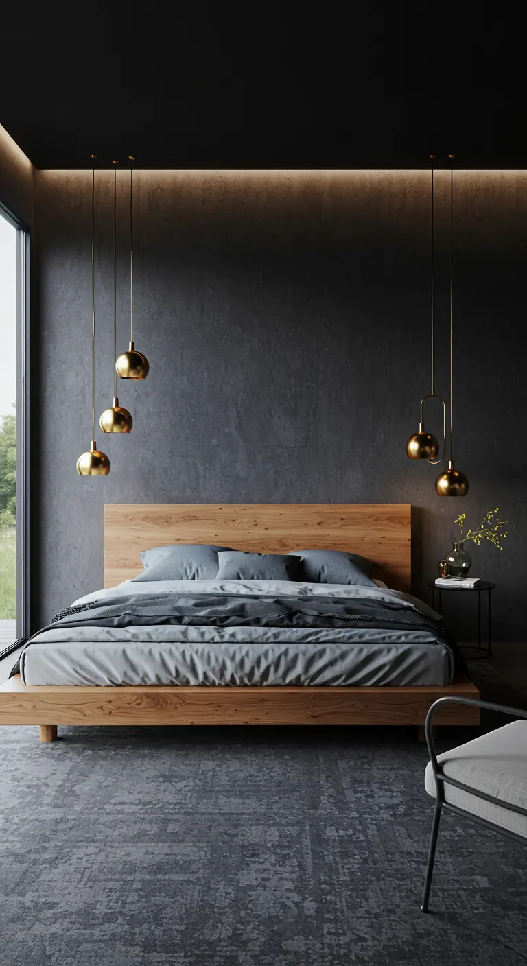 Minimalistische slaapkamer met betonmuur, zwart plafond, houten bed en een cluster van gouden lampen.