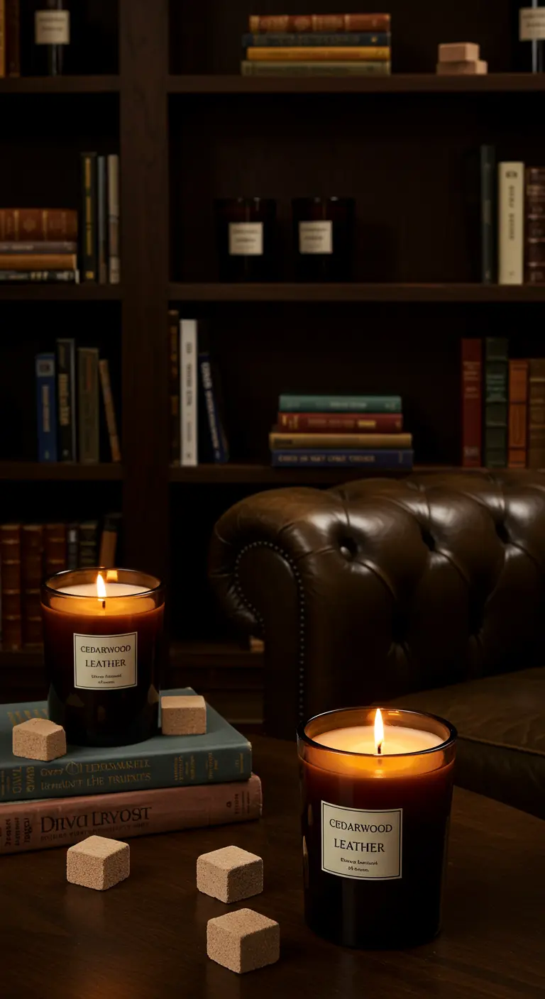 Sfeervolle setting in een bibliotheek met brandende geurkaarsen met 'Cedarwood Leather' label.
