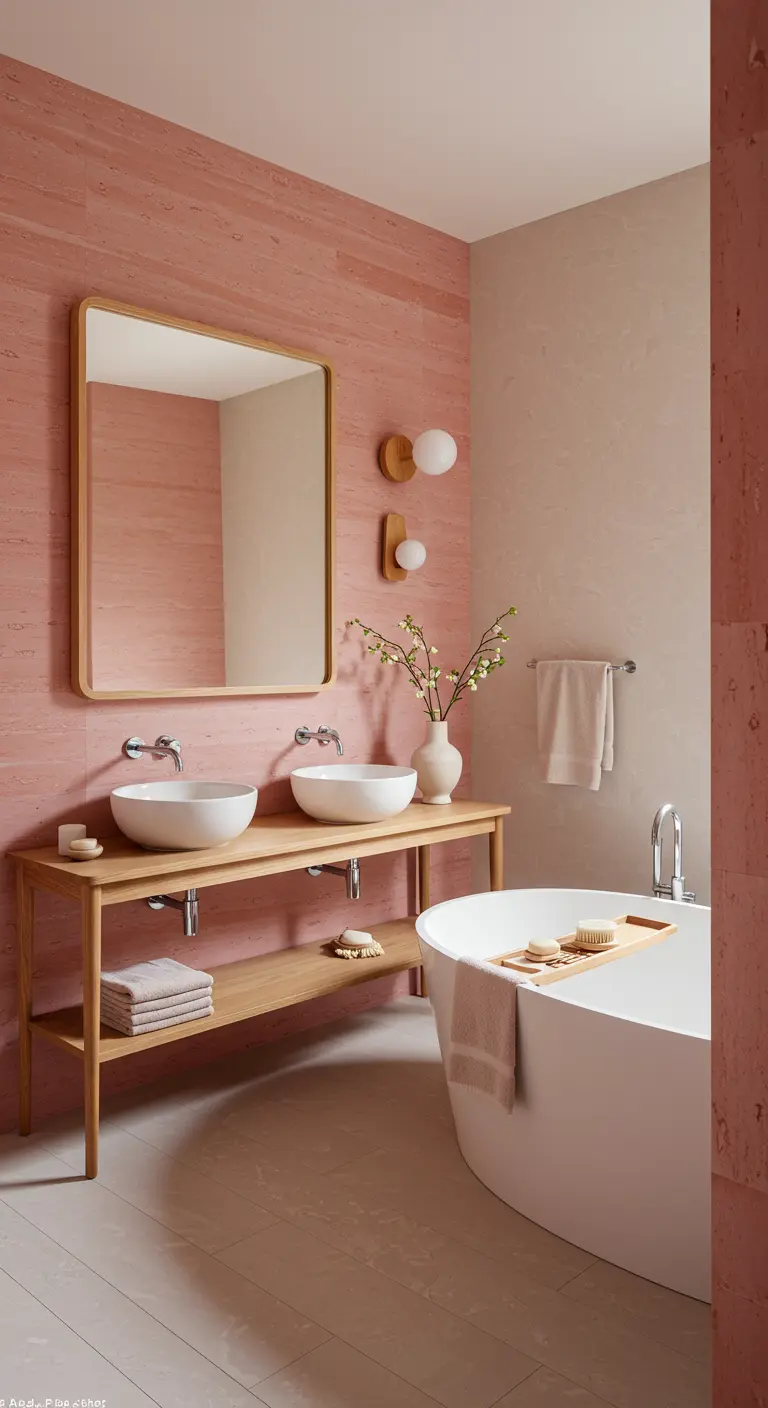 Badkamer met roze travertinlook tegels, houten wastafelmeubel en een vrijstaand wit bad.
