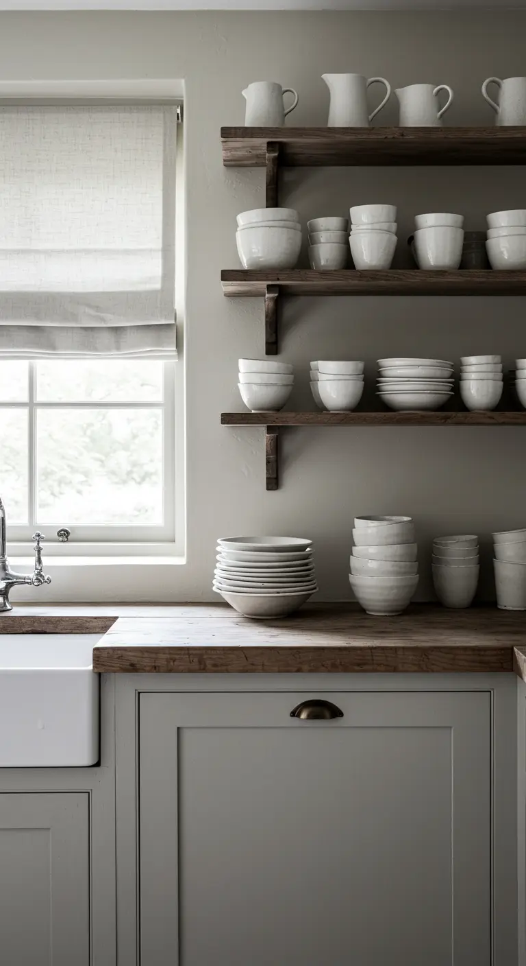 Lichtgrijze keuken met open houten planken waarop wit servies staat uitgestald.