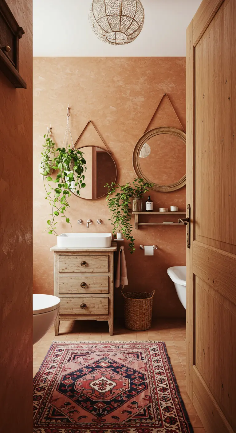 Bohemian badkamer met terracotta muren, een houten kastje en een Perzisch tapijt.