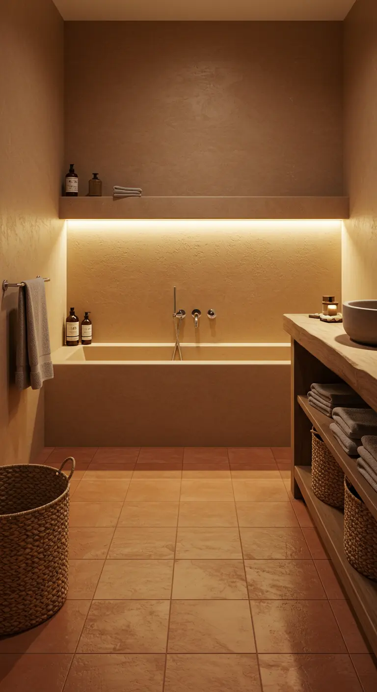Badkamer in aardetinten met een terracotta tegelvloer en indirecte verlichting in een nis boven het bad.