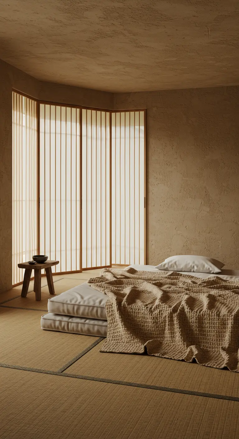 Slaapkamer in aardetinten met een matras op tatami-matten, een geweven sprei en een houten krukje.