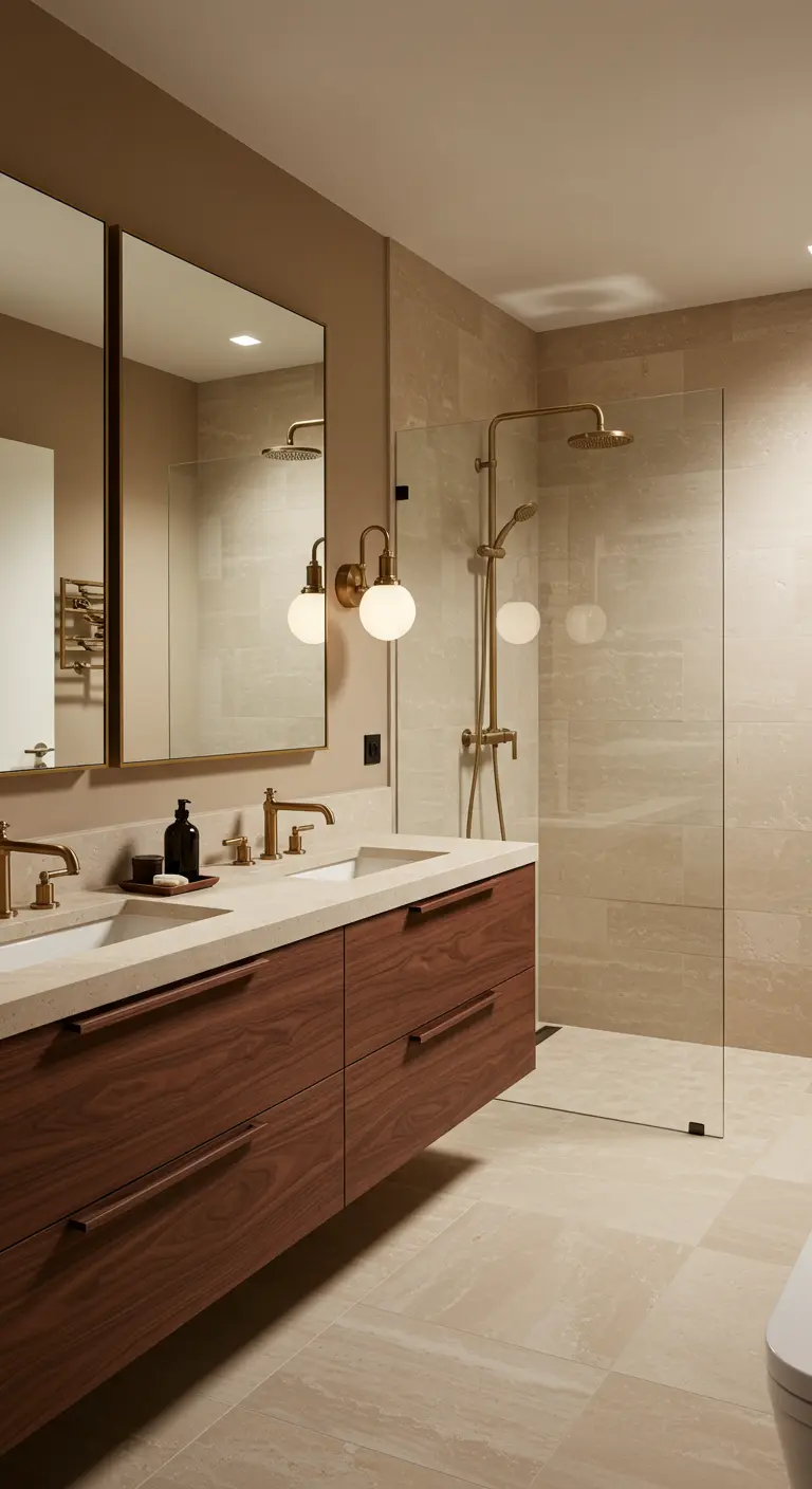 Moderne badkamer met walnoothouten meubel, gouden kranen en grote beige wandtegels.