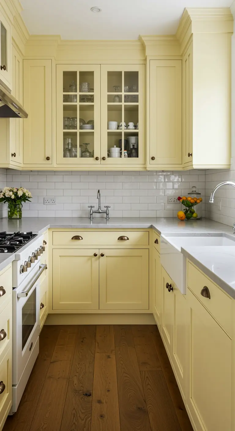 Keuken met botergele kasten, witte metrotegels en een donkere houten vloer.