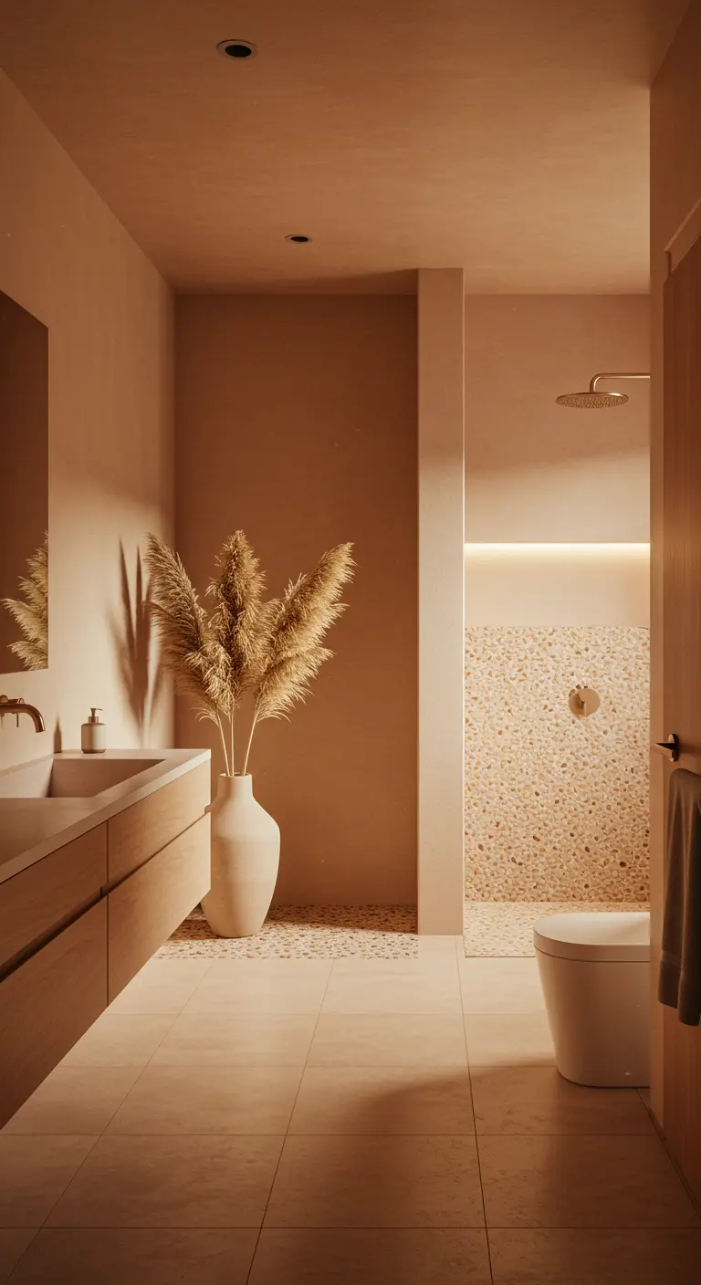 Beige badkamer met zandkleurige muren, een houten meubel en een grote vaas met pampasgras.
