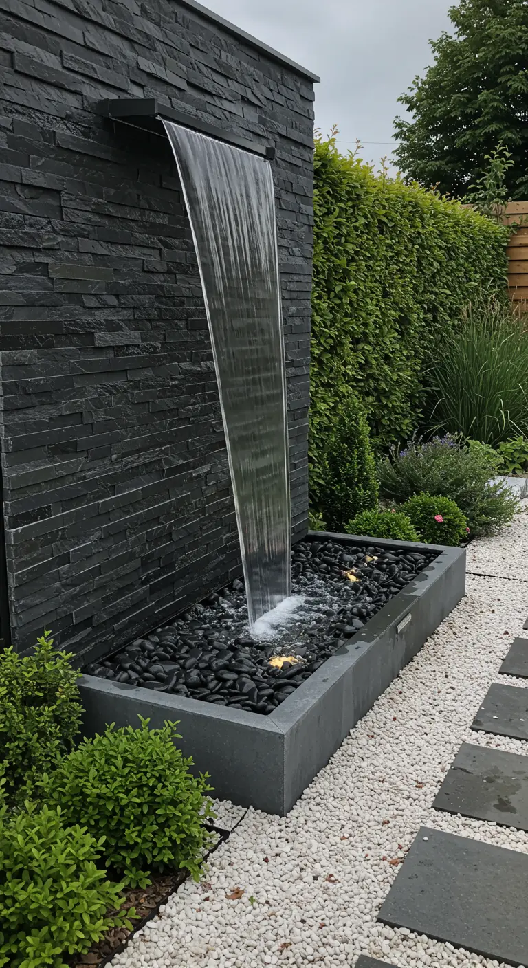 Moderne waterval die uit een zwarte muur stroomt in een bassin met verlichte stenen.