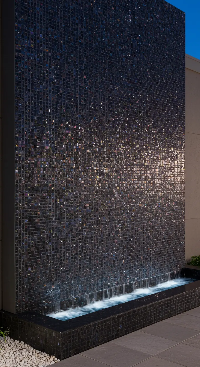 Moderne waterval tegen een hoge muur van donker, glinsterend mozaïek met onderwaterverlichting.