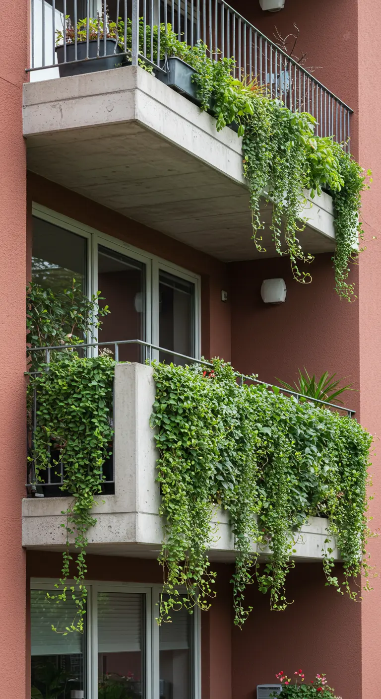 Twee betonnen balkons boven elkaar met weelderige, overhangende planten die een groene waterval vormen.