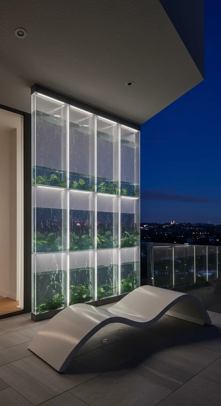 Verlichte glazen wand op een balkon die fungeert als wateropslag.