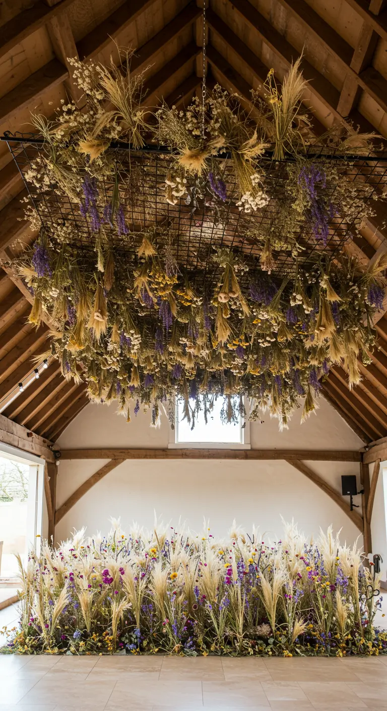 Plafond in een schuur volledig bedekt met een installatie van hangende droogbloemen.