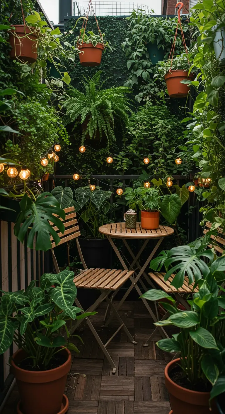 Dichtbegroeid balkon met hangplanten, staande planten, lichtslingers en bistroset.
