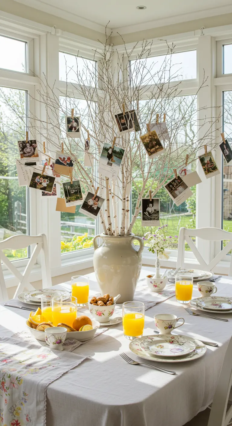 Gedekte ontbijttafel met een vaas met witte takken waarin foto's hangen als decoratie.