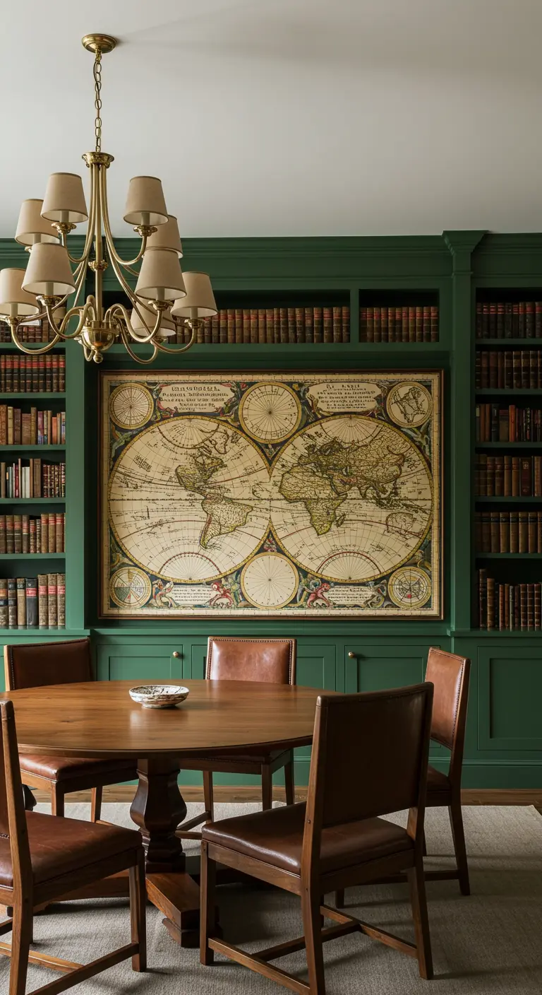 Eetkamer met een grote vintage wereldkaart, omringd door donkergroene boekenkasten.