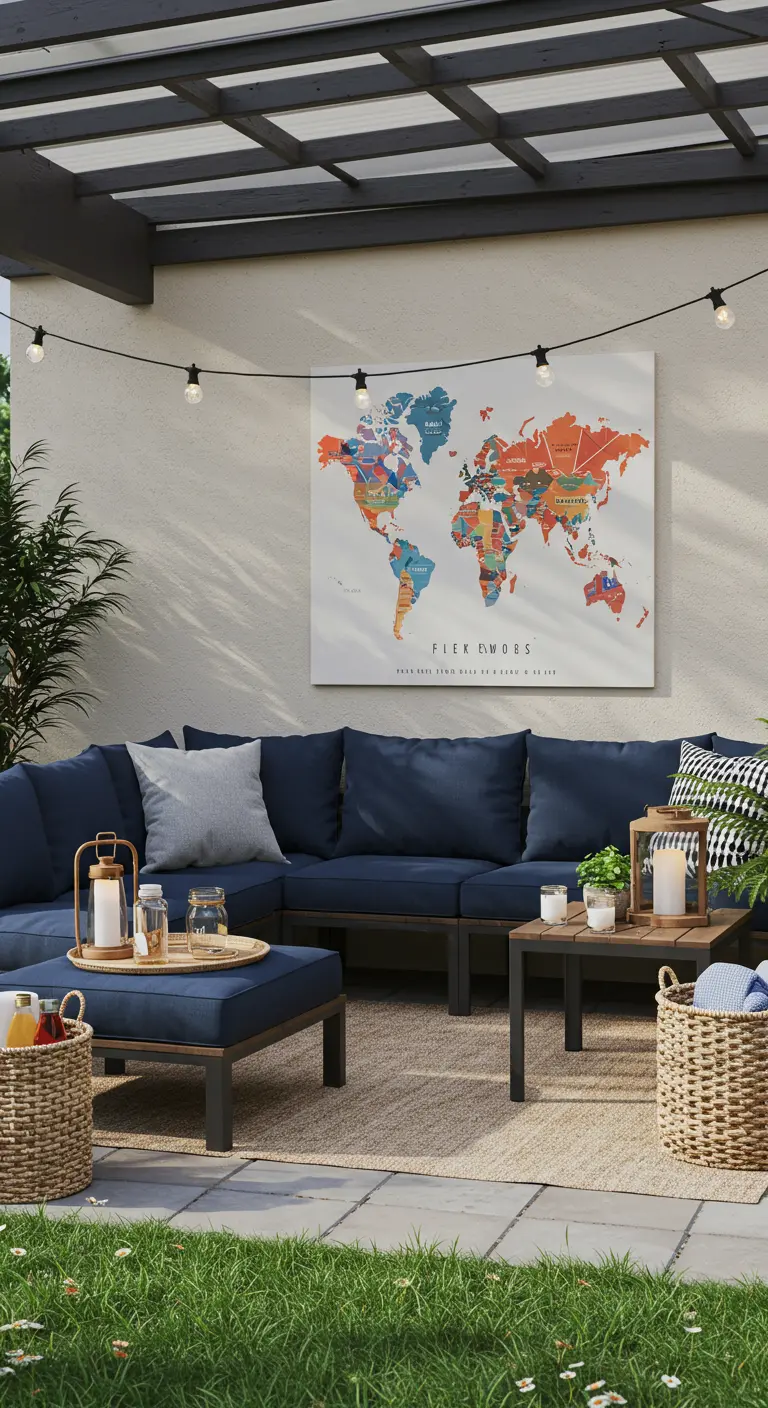 Terras met blauwe loungebank en een grote, kleurrijke wereldkaartposter aan de muur.