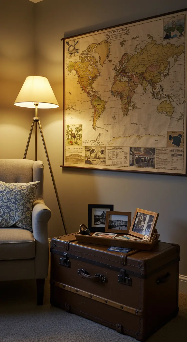 Zithoek met een grote vintage wereldkaart aan de muur en een oude reiskoffer als tafel.